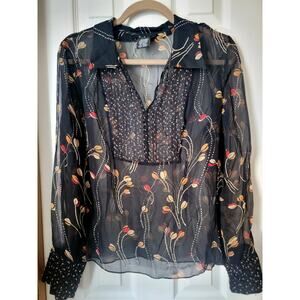 ECI Women's Black Beaded Sheer Silk Blouse Floral Pattern - Size L